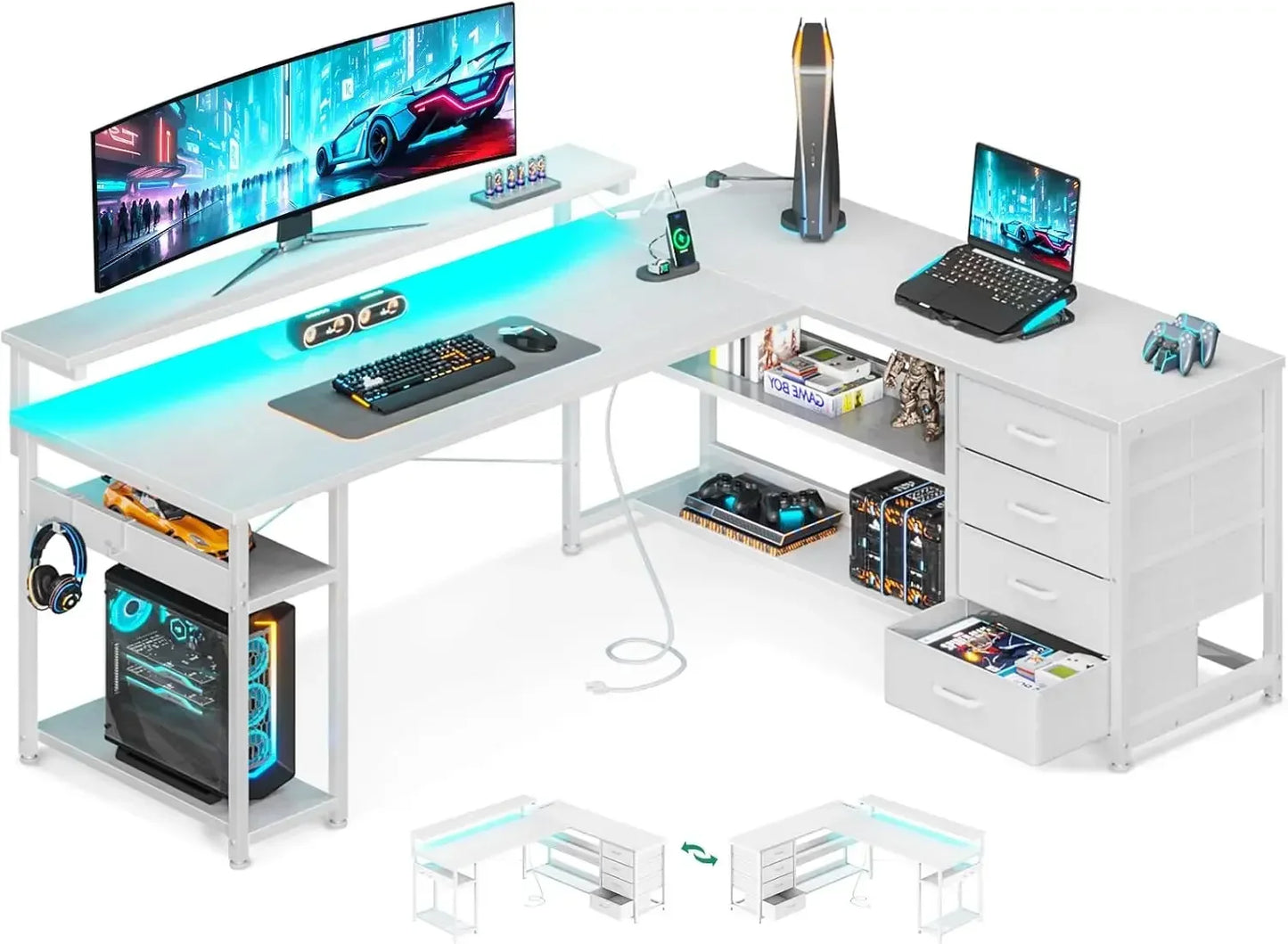 Corner Computer Desk with Power Socket and LED Lights