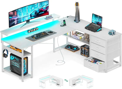 Corner Computer Desk with Power Socket and LED Lights