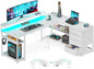 Corner Computer Desk with Power Socket and LED Lights