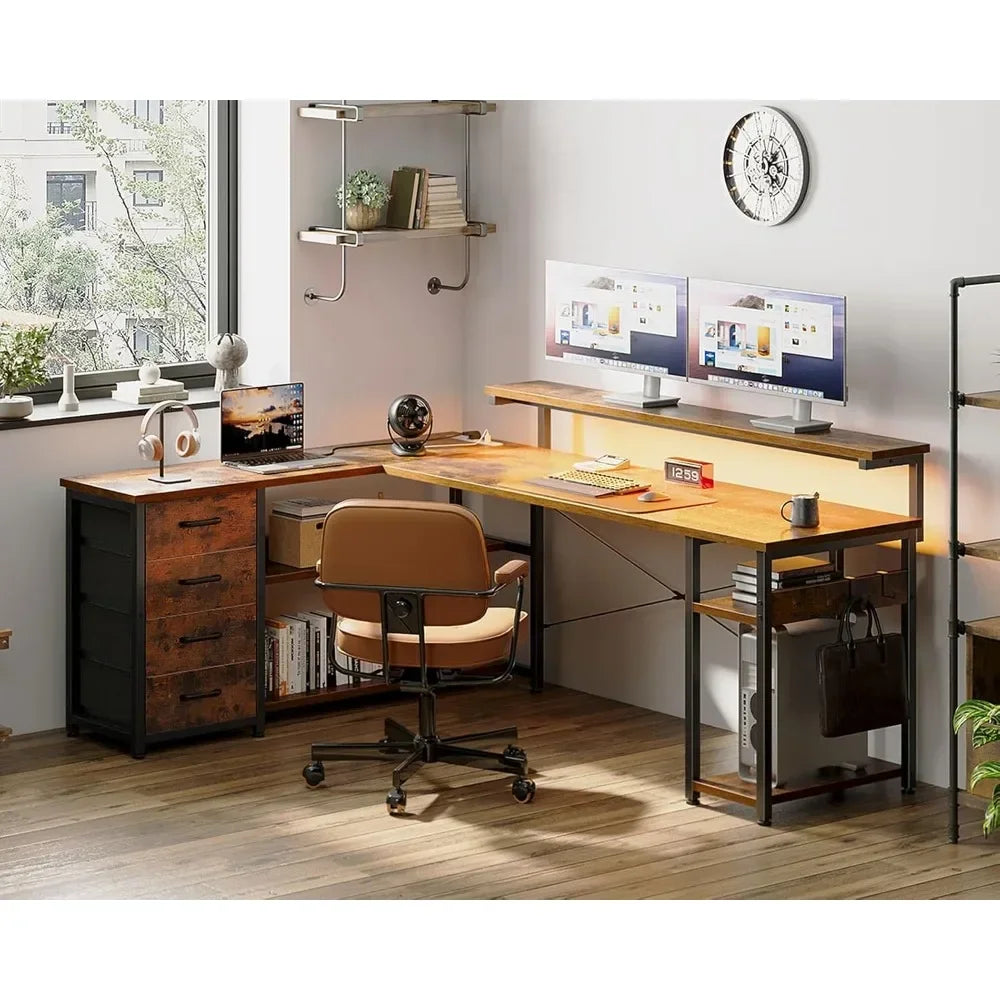Corner Computer Desk with Power Socket and LED Lights