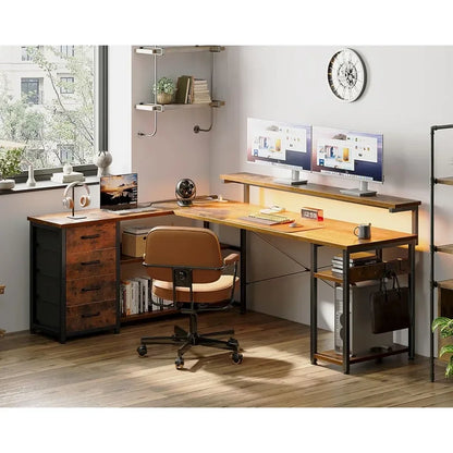 Corner Computer Desk with Power Socket and LED Lights