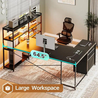 Reversible U-shaped Computer Desk with Power Socket and Storage Shelf