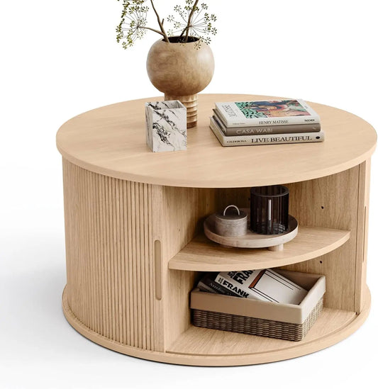 Drum Coffee Table with Sliding Tambour Door