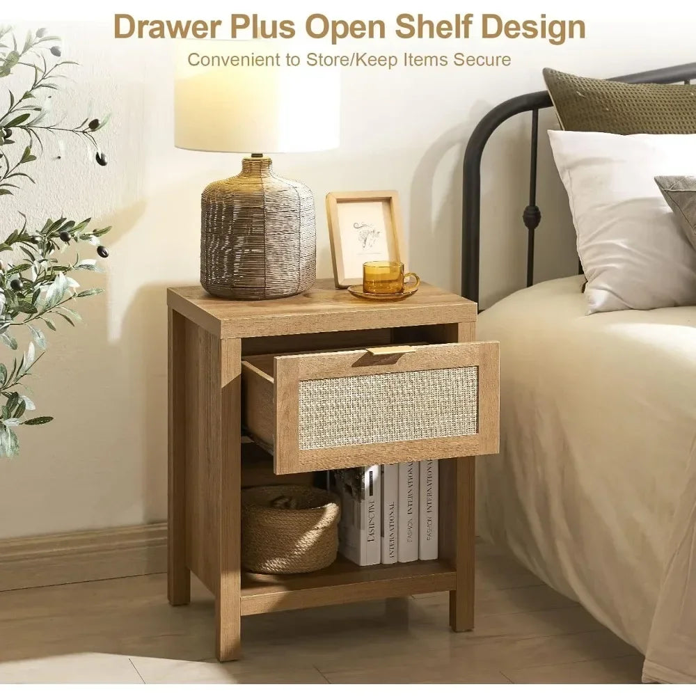 Set of 2 Farmhouse Night Stand with Drawer and Storage Shelf
