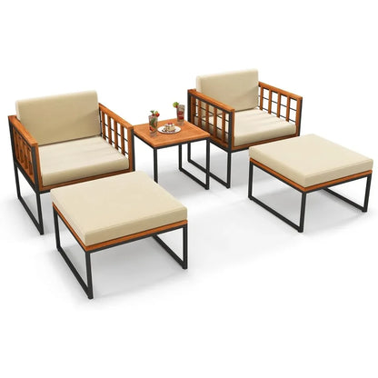 5 Pieces Acacia Wood Patio Furniture Set with Ottomans
