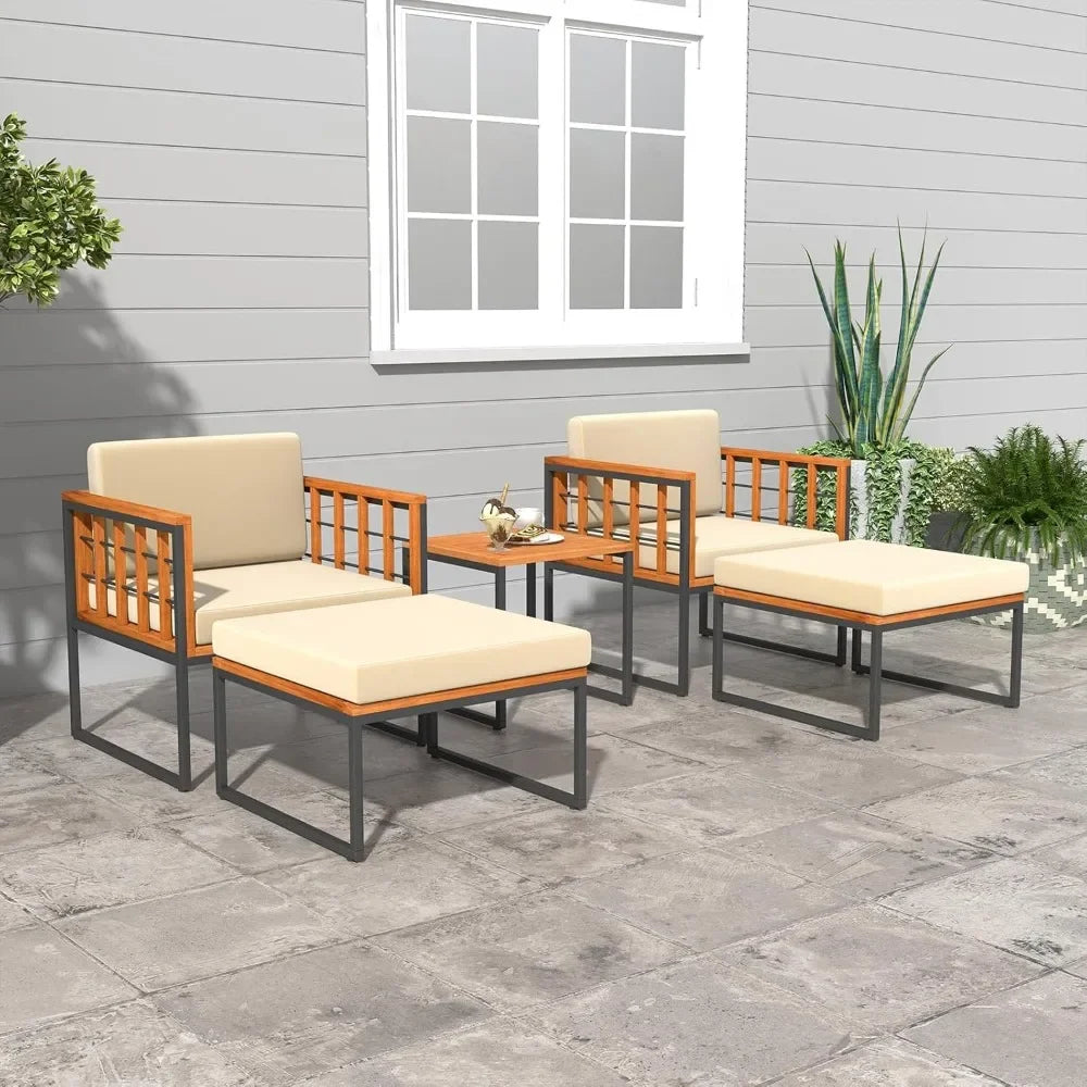 5 Pieces Acacia Wood Patio Furniture Set with Ottomans