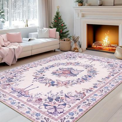 Gnizama Pink Butterfly Living Room Large Area Rug, Washable Vintage Floral Living Room Rug, Bedroom Large Area Rug