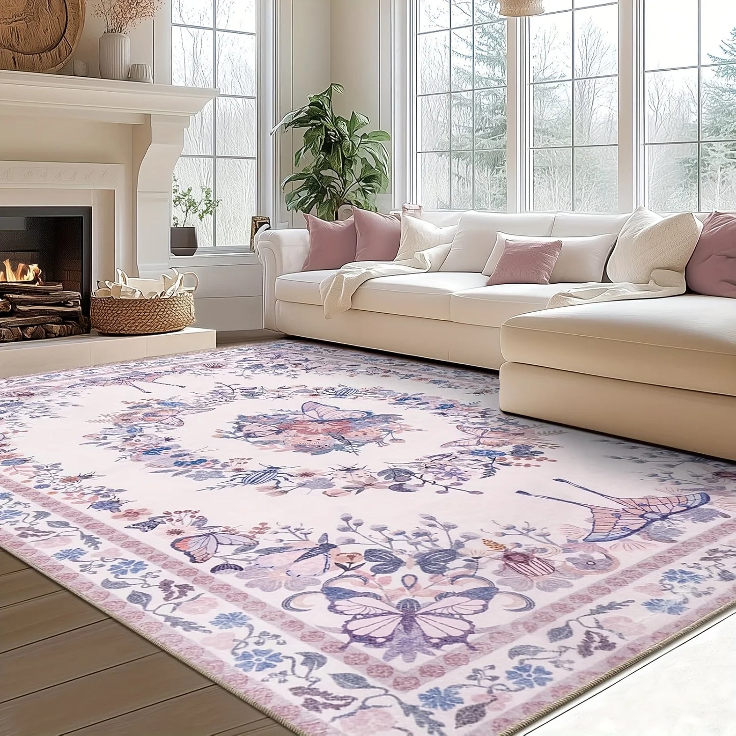 Gnizama Pink Butterfly Living Room Large Area Rug, Washable Vintage Floral Living Room Rug, Bedroom Large Area Rug